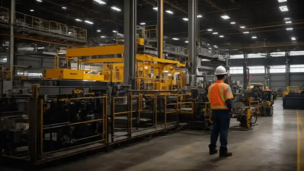 a dynamic metal fabrication facility illuminated by bright overhead lights, showcasing workers diligently adhering to safety protocols while operating advanced machinery amidst a backdrop of steel structures, emphasizing regulatory compliance and environmental sustainability.
