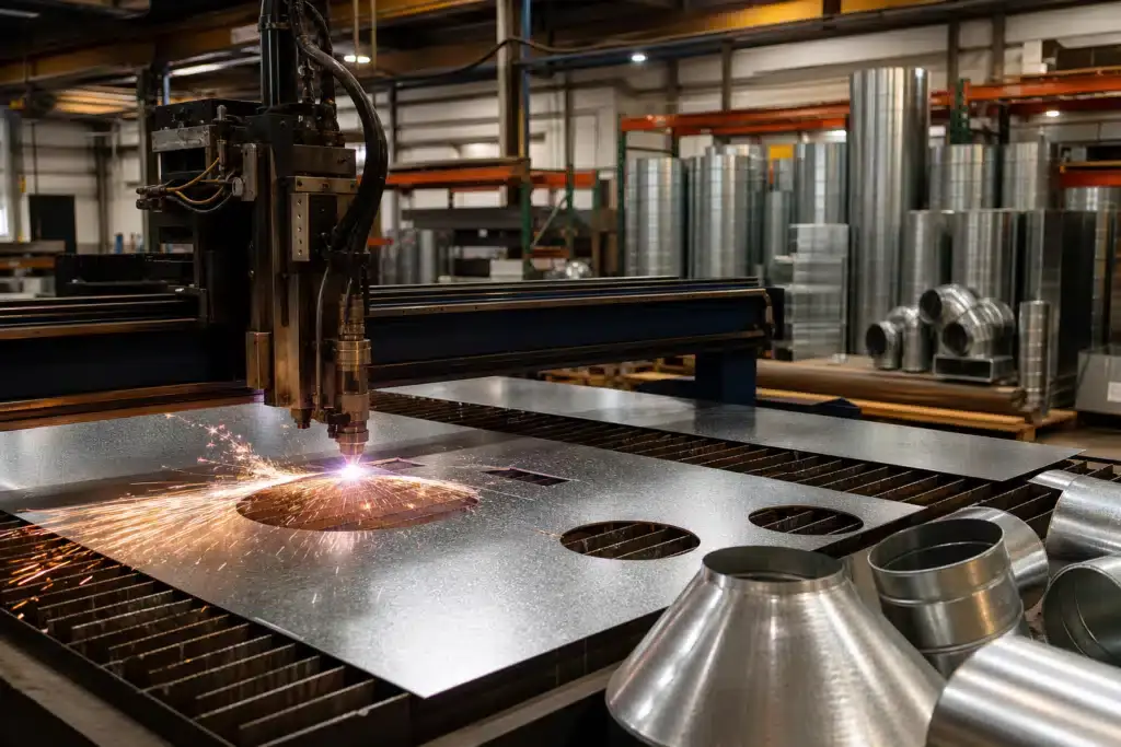 Custom HVAC ductwork fabrication at Sheet Metal Shop in Columbus Ohio — CNC precision cutting equipment in a professional fabrication facility