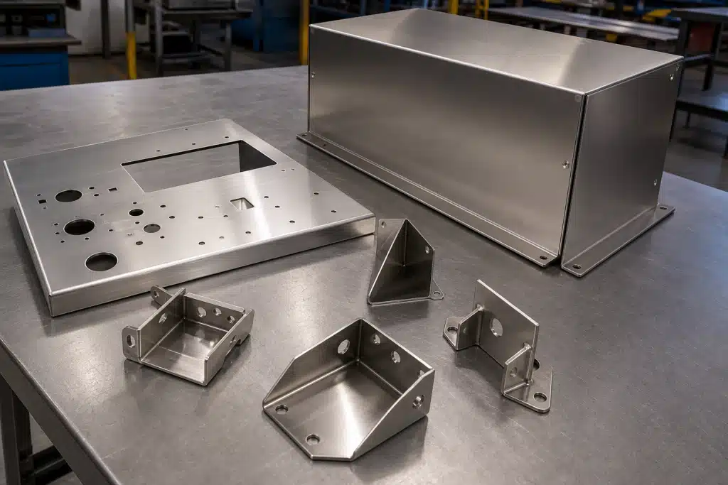 Finished custom stainless steel fabrication components including panels brackets and enclosures