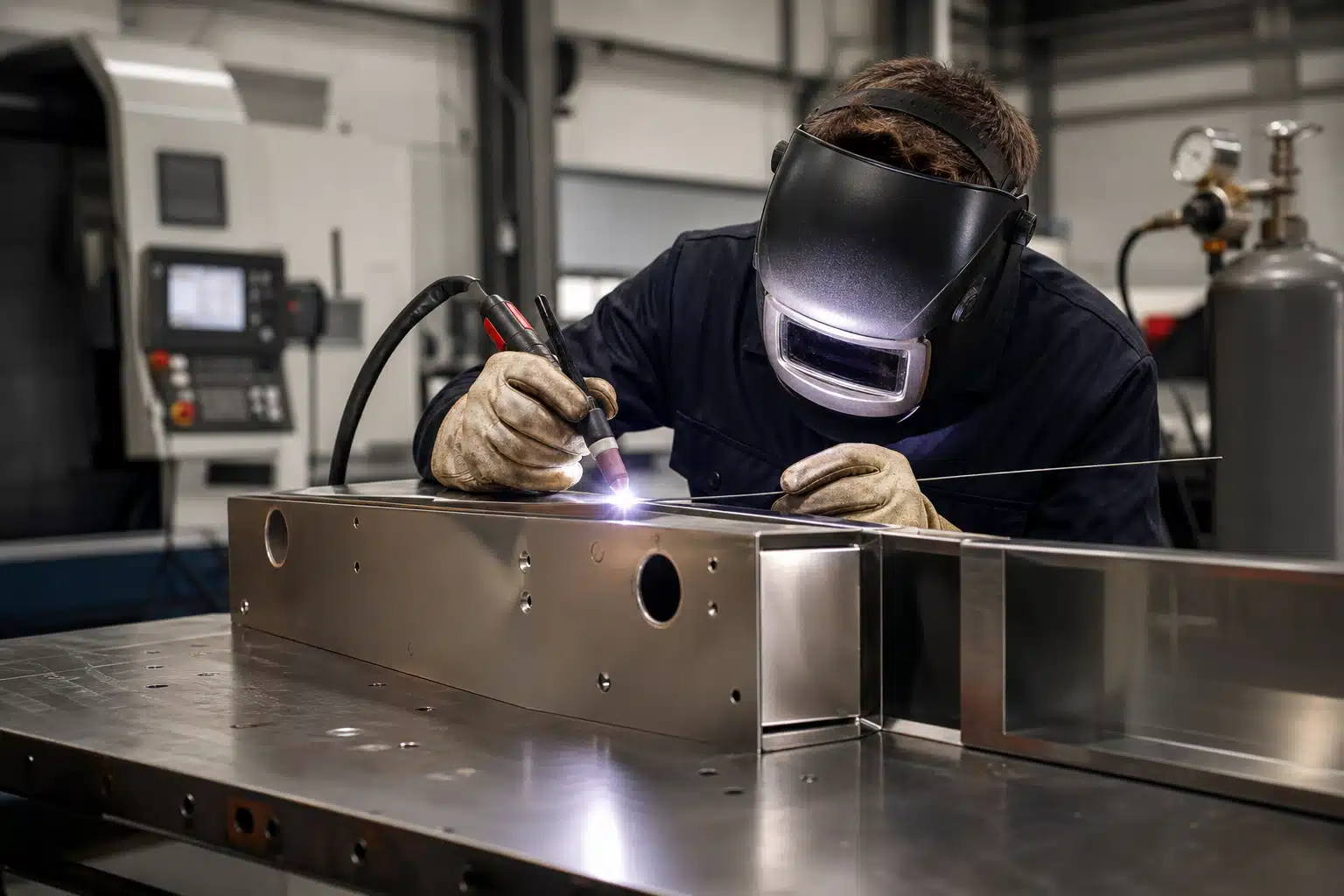 TIG welding a custom stainless steel component at a Columbus Ohio fabrication shop