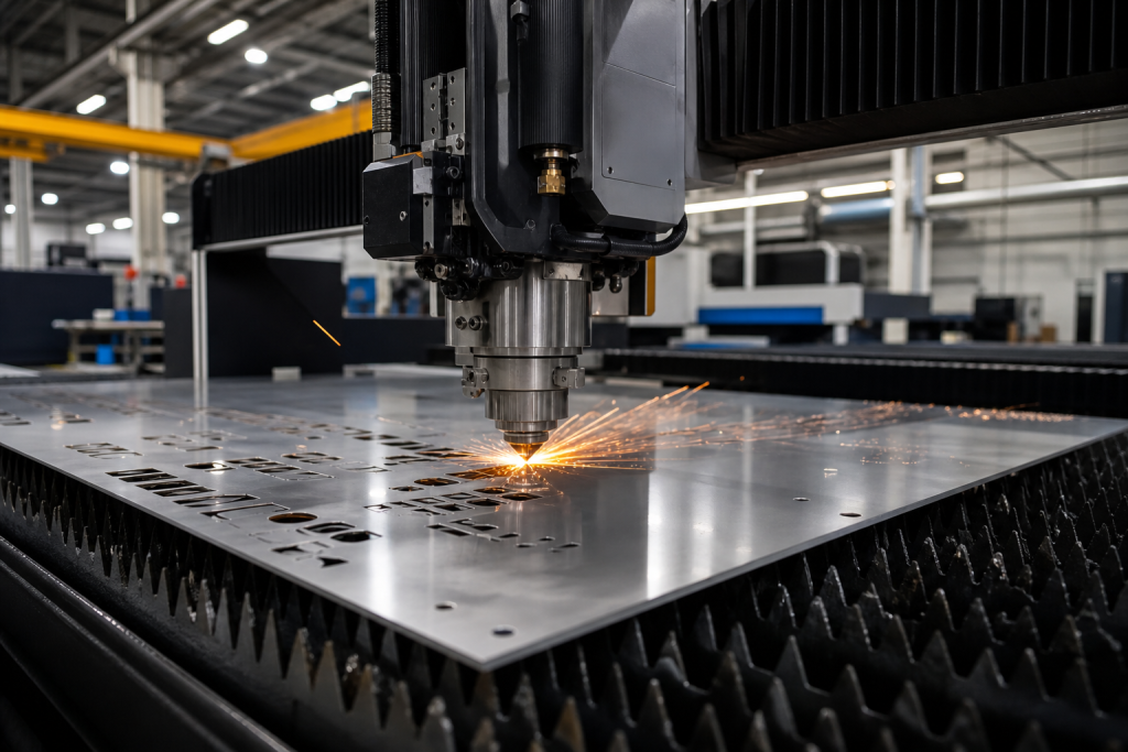 CNC machine cutting custom aluminum sheet metal at a fabrication shop in Columbus, Ohio