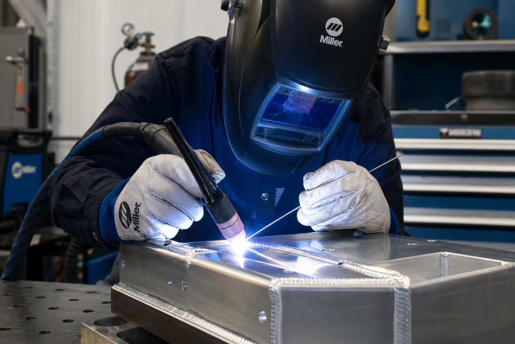 TIG welding an aluminum component at The Sheet Metal Shop in Columbus, Ohio