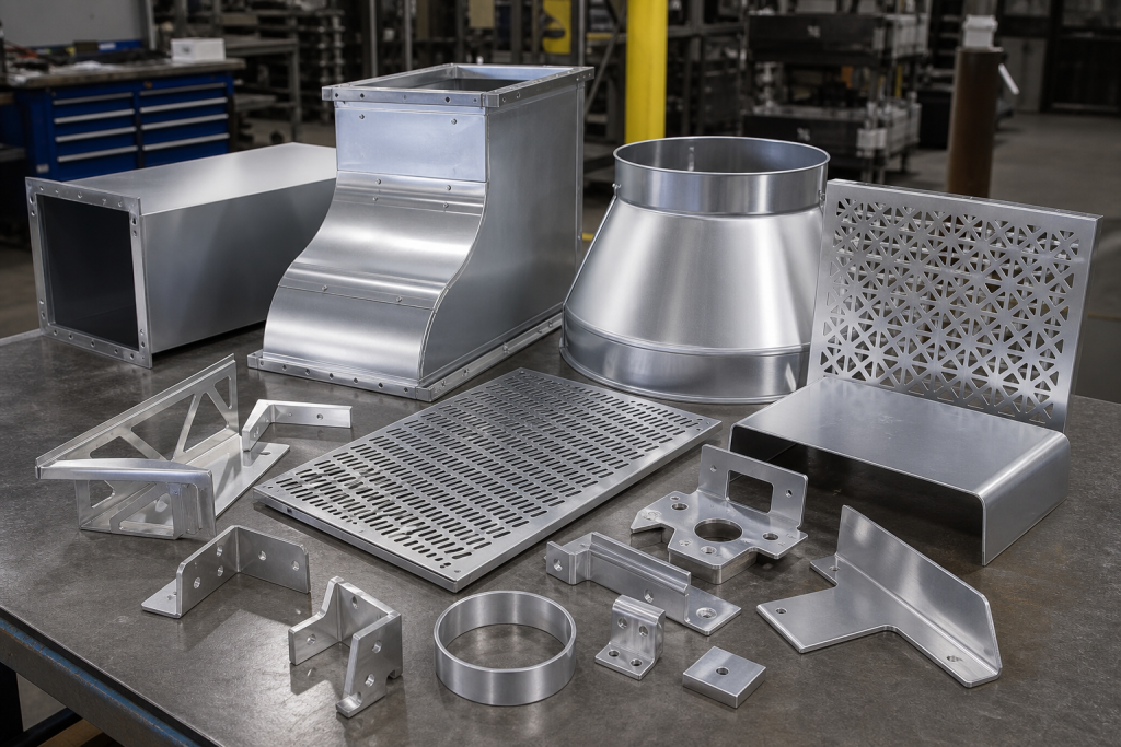 Custom aluminum fabrication components including HVAC ductwork and architectural panels