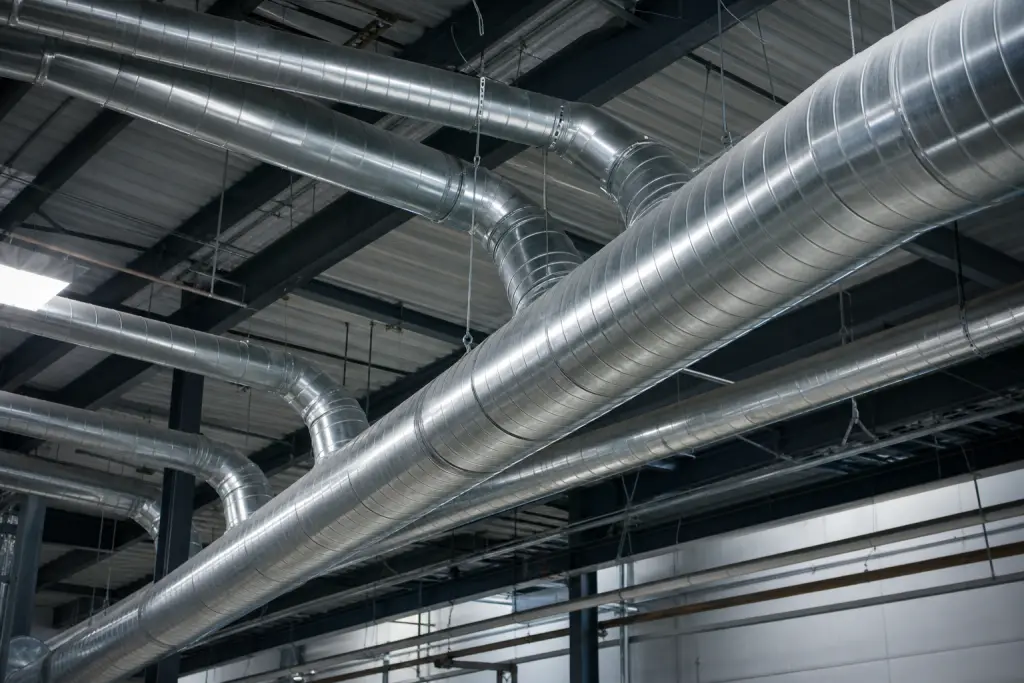 Industrial dust collection ductwork system with branch connections installed in manufacturing facility