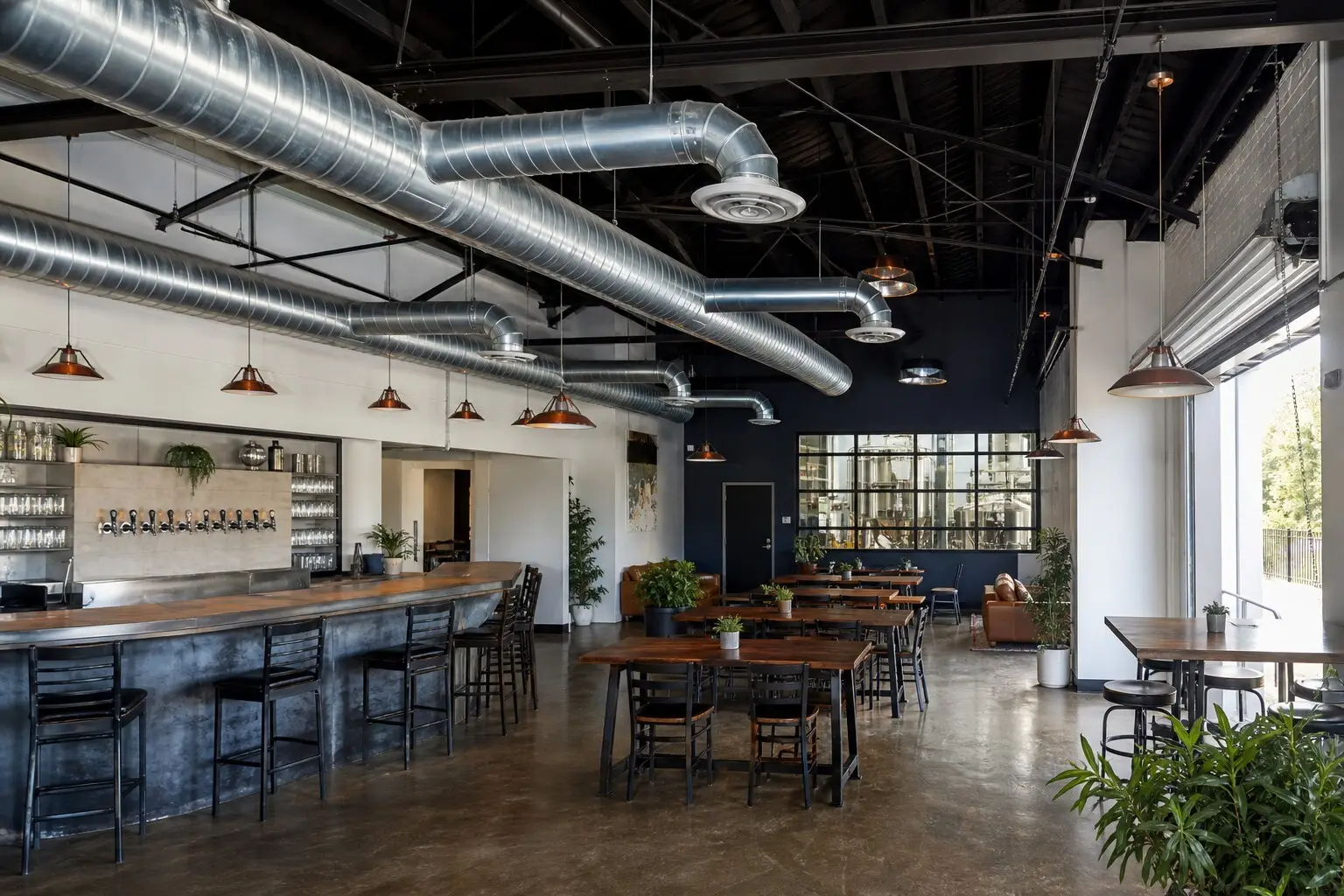 Exposed round spiral ductwork from spiral duct fabrication in Columbus Ohio in a commercial interior