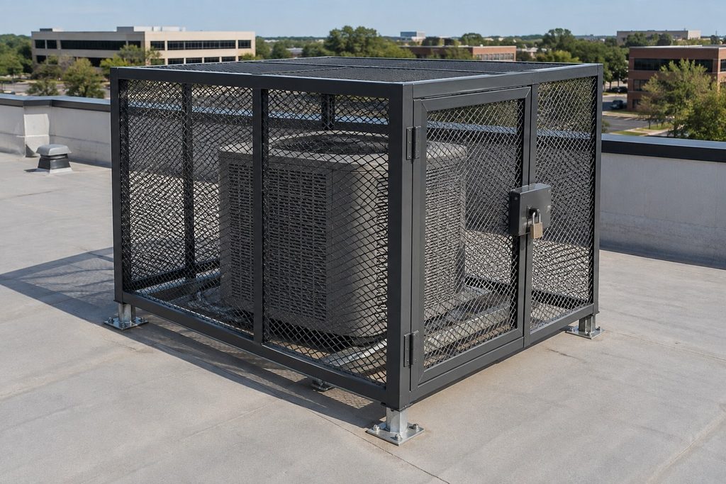 AC unit cage with expanded metal mesh panels and a locking access door around a condenser on a commercial rooftop